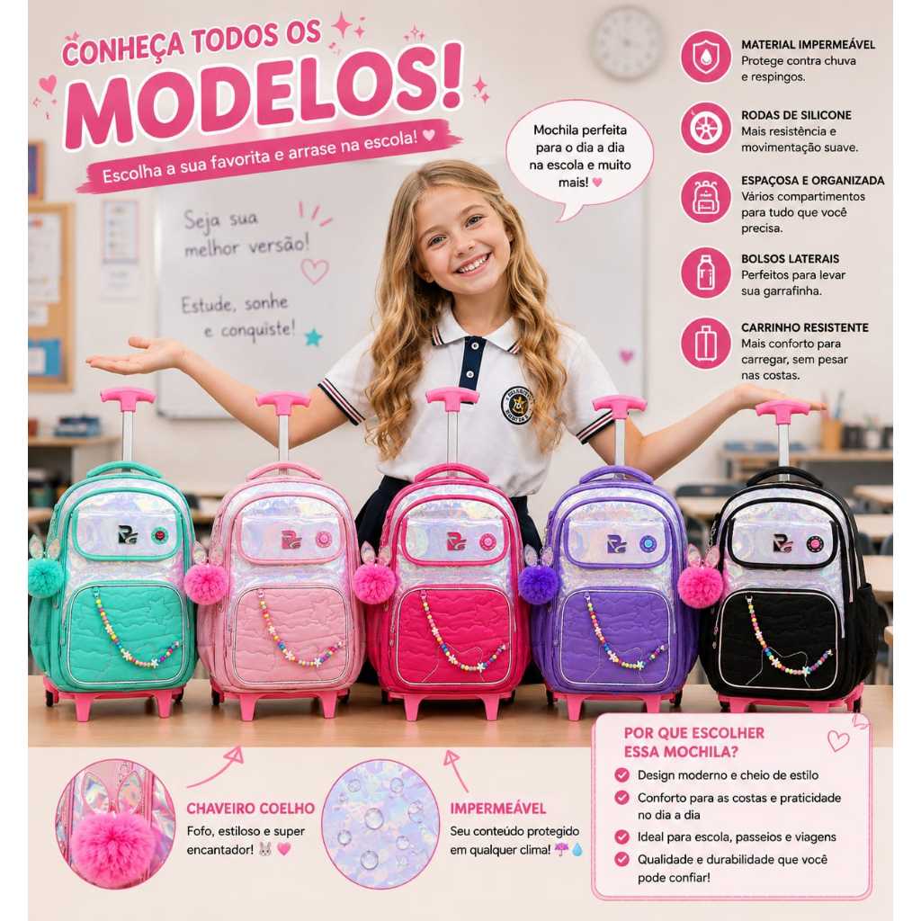 MOCHILA DE RODINHAS FEMENINA INFANTIL COM POMPOM E FLORES COLORIDAS IMPERMEAVEL GRANDE