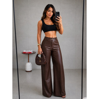 Calça Pantalona Feminina Couro Sintético Premium Wide Leg Cintura Alta