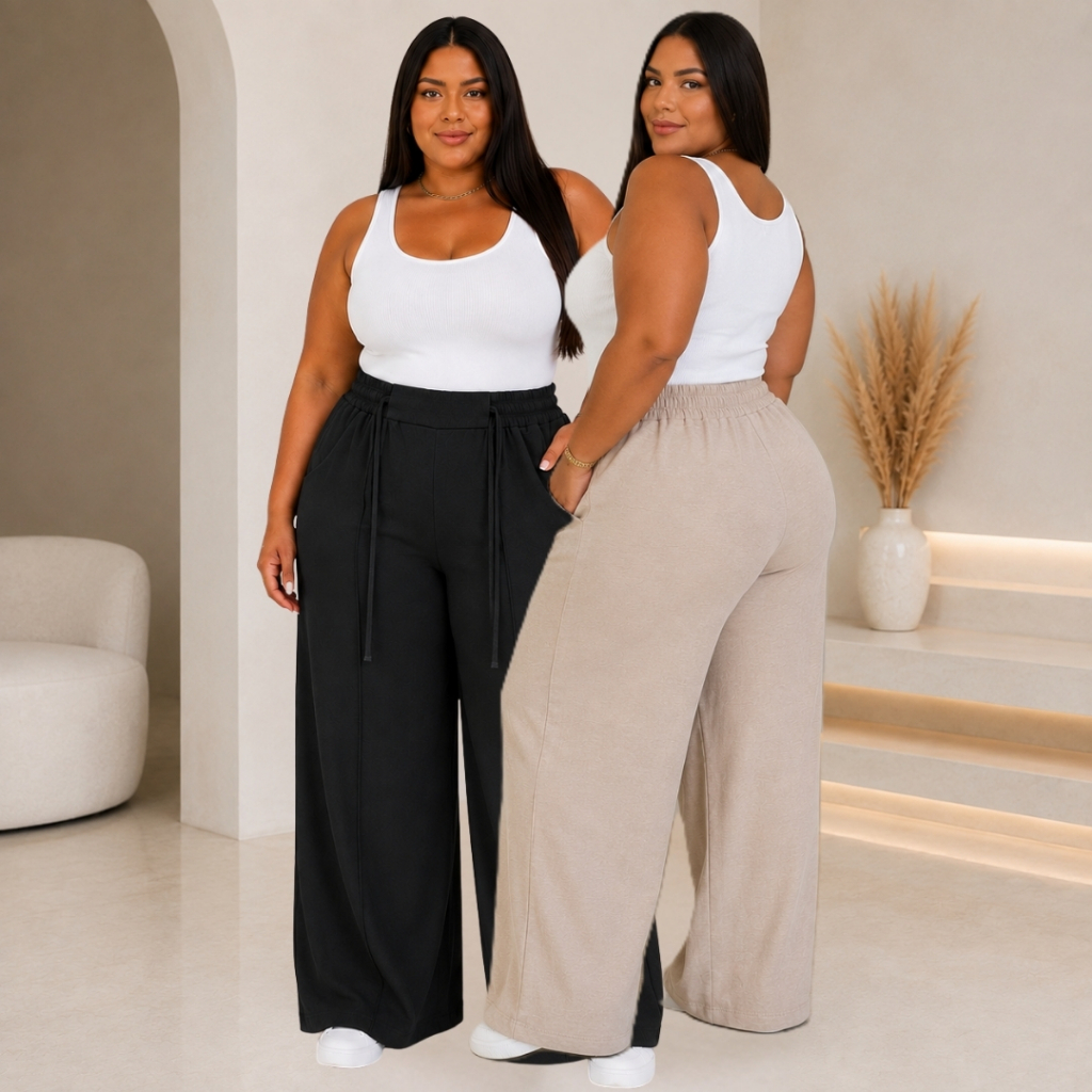 Calça Pantalona Cintura Alta Com Bolsos Costura Reforçada Zero Transparência Trabalho Lazer  Plus Size Do M ao G2