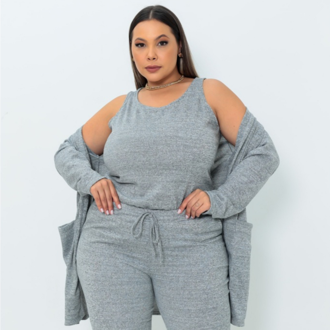 Conjunto Lanzinha 3 Peças Feminino Lançamento Plus Size Trijunto de 3 peças: Calça, Cardigã e Regata