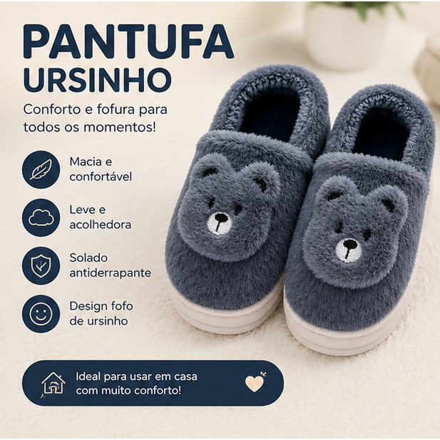 Pantufa Infantil Ursinho Peluciada Quentinha Antiderrapante Inverno Macia Confortável Menino Menina