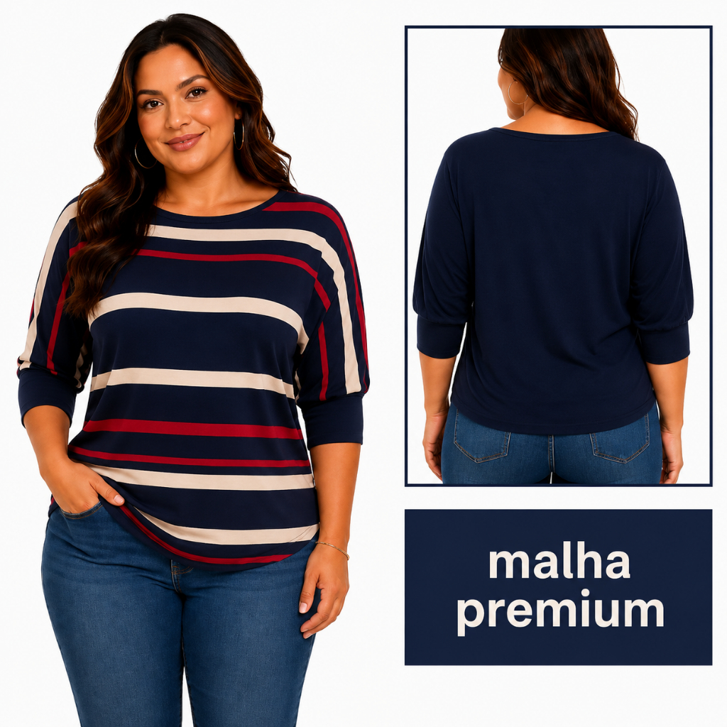 Blusa Feminina Marsala Elegante Manga 3/4 Malha Premium com Elastano Plus Size