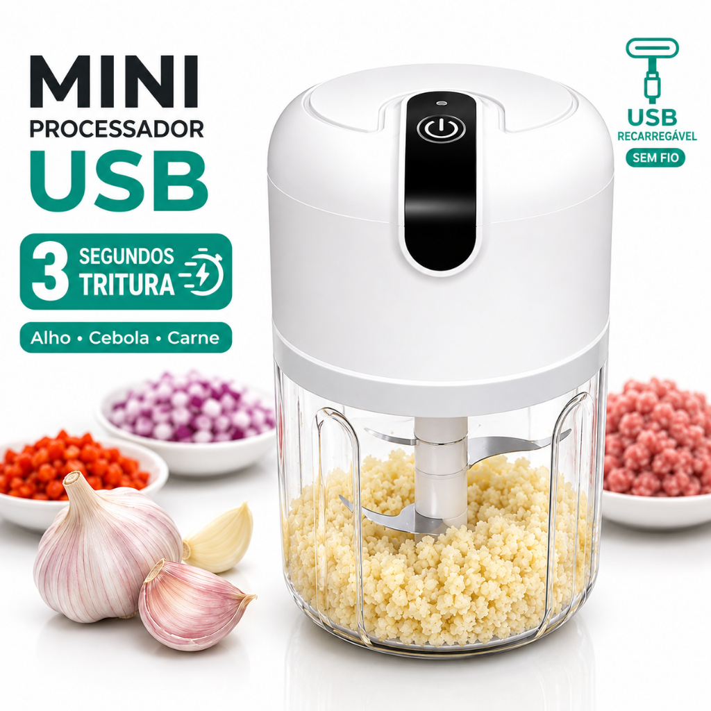 Triturador Elétrico USB Recarregável Mini Processador 250ml para Alho Carne Legumes e Temperos 3 Lâminas
