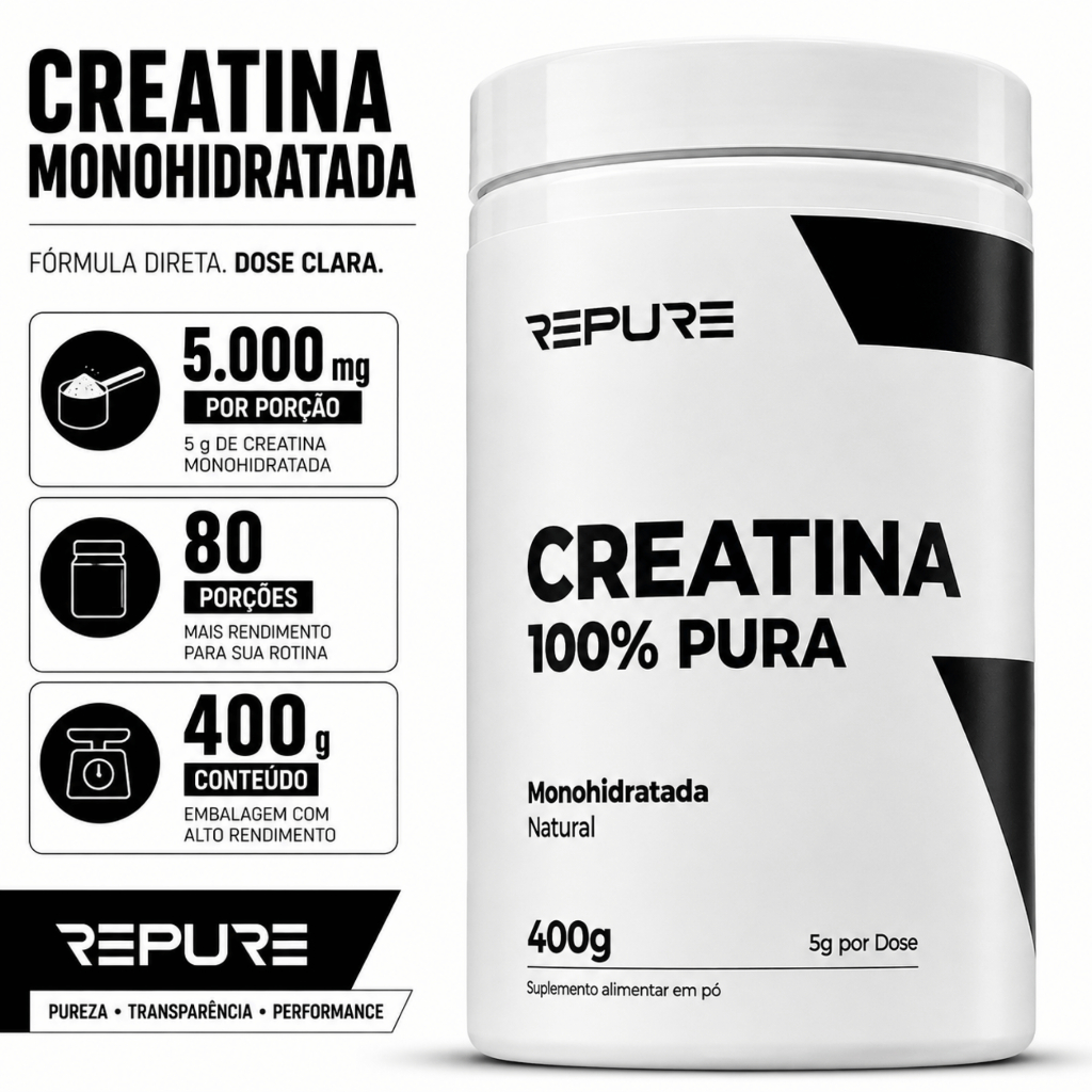 Creatina Monohidratada Repure 100% Pura 400g 80 Porções 5g Por Dose Suplemento Alta Performance