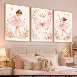 Kit 3 Quadros Decorativos Infantil Bailarina Borboleta Aquarela Nome Personalizado Quarto Menina