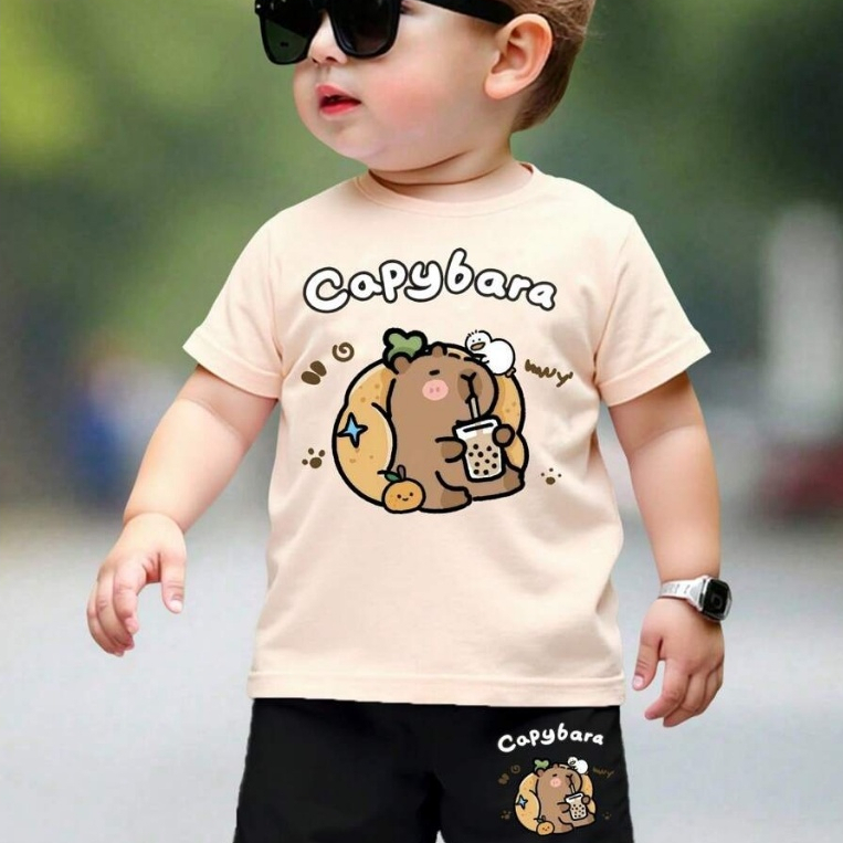 Conjunto Masculino infantil Camiseta + Short Estampa Capivara Cartoon Algodão Leve Look Divertido