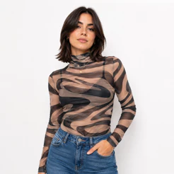 Blusa De Tule Transparente Manga Longa Feminina Estampada Lisa