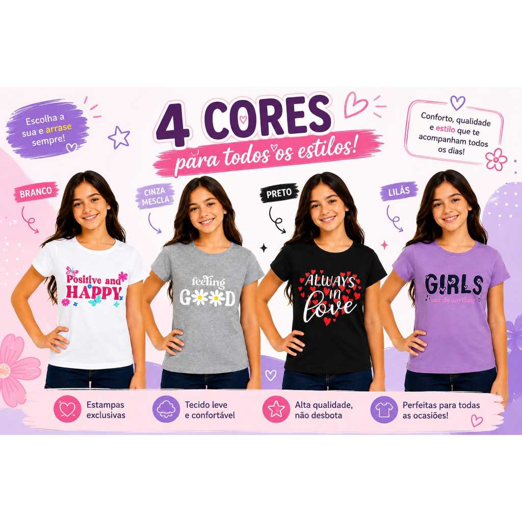 Kit 4 Camisetas Femininas Infantil Juvenil Meia Malha Algodão Tam 4 ao 16 Menina Cores Sortidas