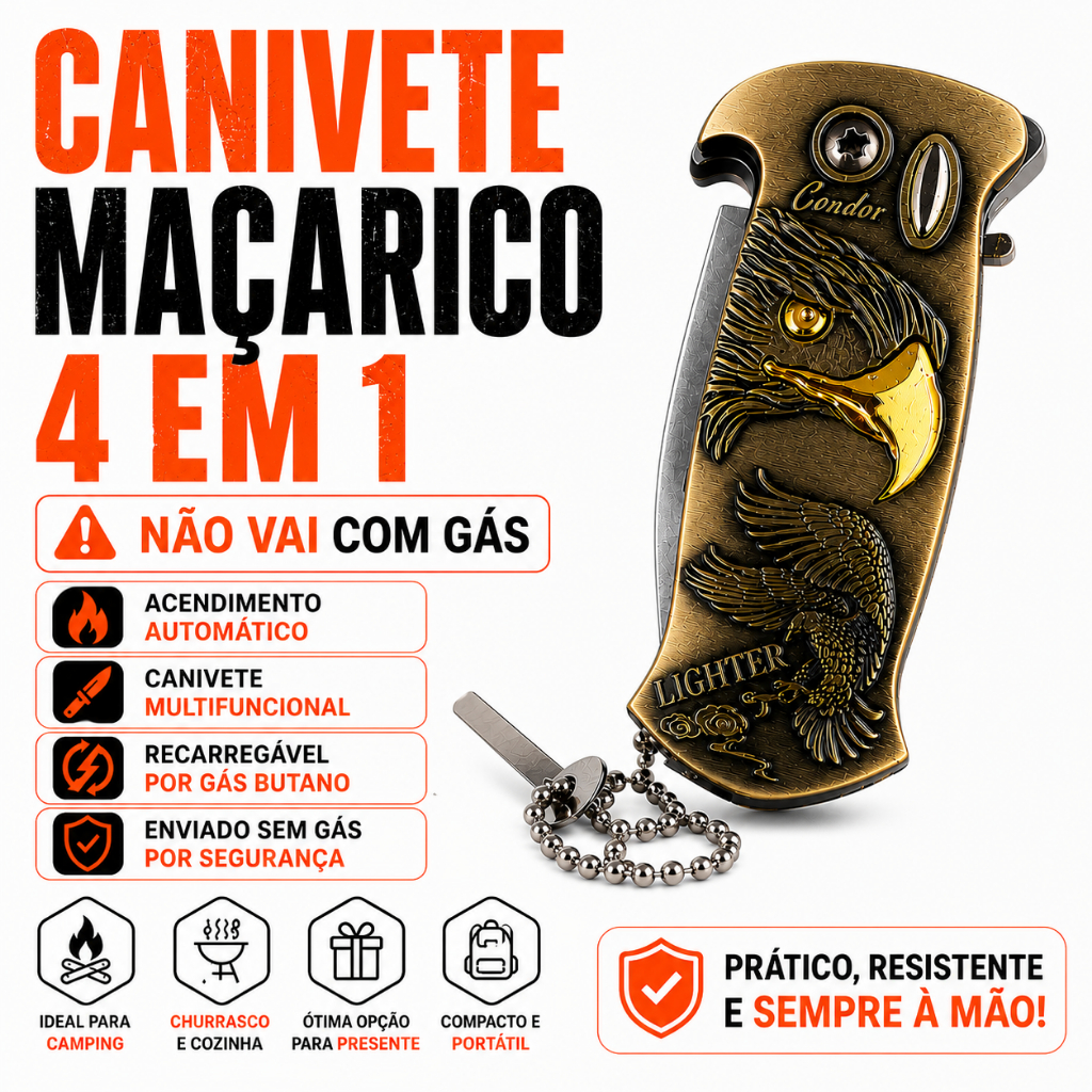 Maçarico Isqueiro Canivete 4 em 1 com Abridor e Chaveiro Isqueiro Multifuncional