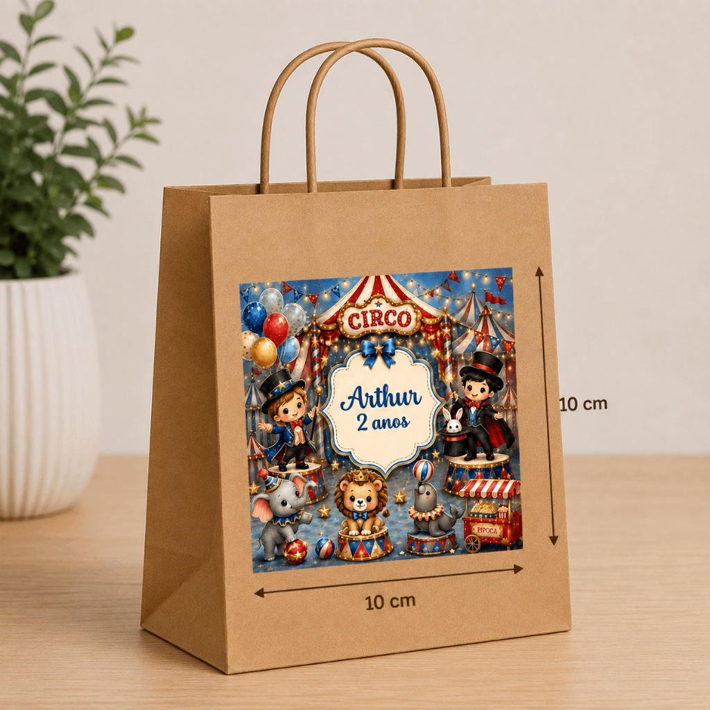 Adesivo Personalizado para Sacolinha Kraft 10x10 cm | Circo| Festa Infantil | Lembrancinha