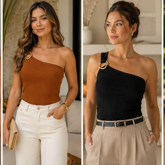 Blusa um ombro só em ribana canelada com detalhe dourado sofisticado na alça. Elegante e confortável