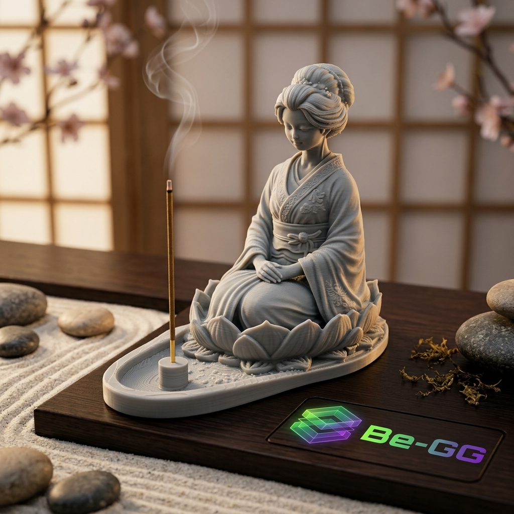 Imagem Porta Incenso Gueixa e Flor de Lótus estátua Decorativa Zen 3D