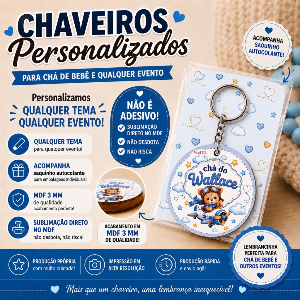 Kit Lembrancinha Urso Aviador Chaveiro MDF Aniversário, Maternidade meninos