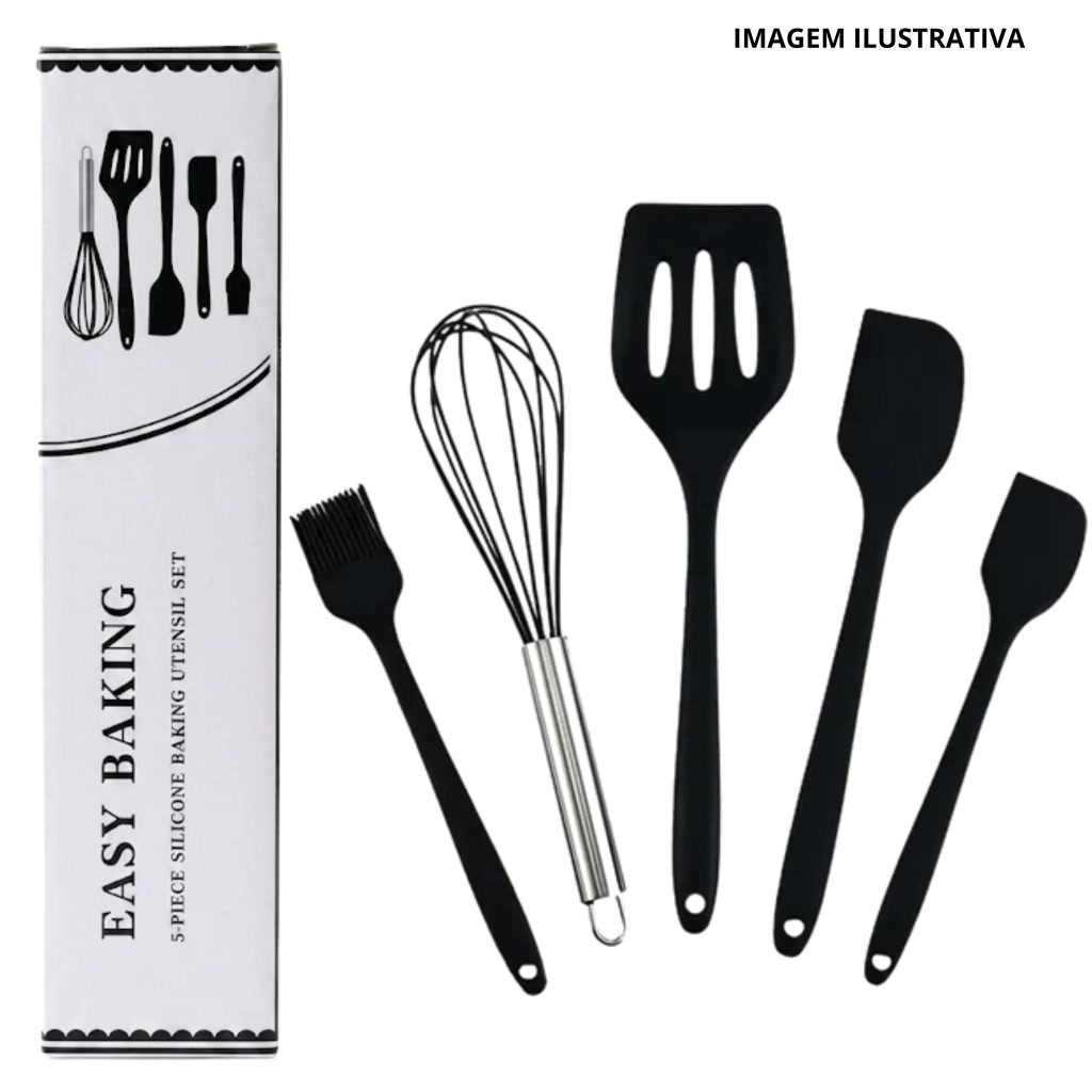 Kit 5 Peças Utensílios de Cozinha em Silicone Resistente ao Calor Não Risca Panela Antiaderente Lava-Louças
