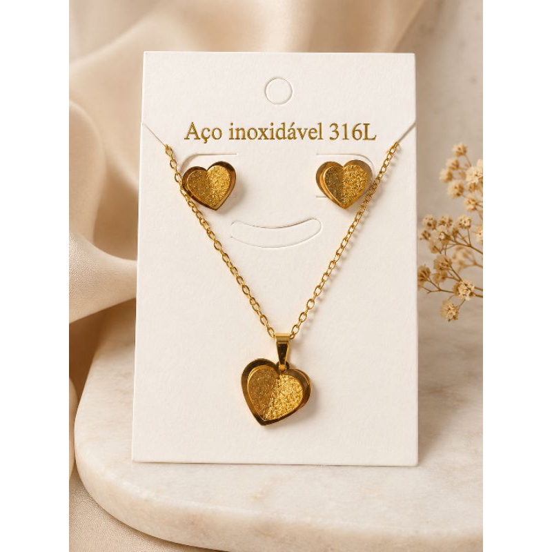 Conjunto Colar e Brinco Coração Feminino Dourado Aço Inoxidável 316L Antialérgico