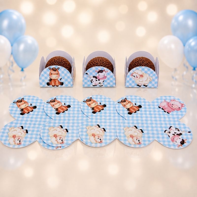 Forminhas de Doces Personalizadas no Tema Fazendinha Azul  /Lembrancinha de Festa /Aniversário/ 4 pétalas