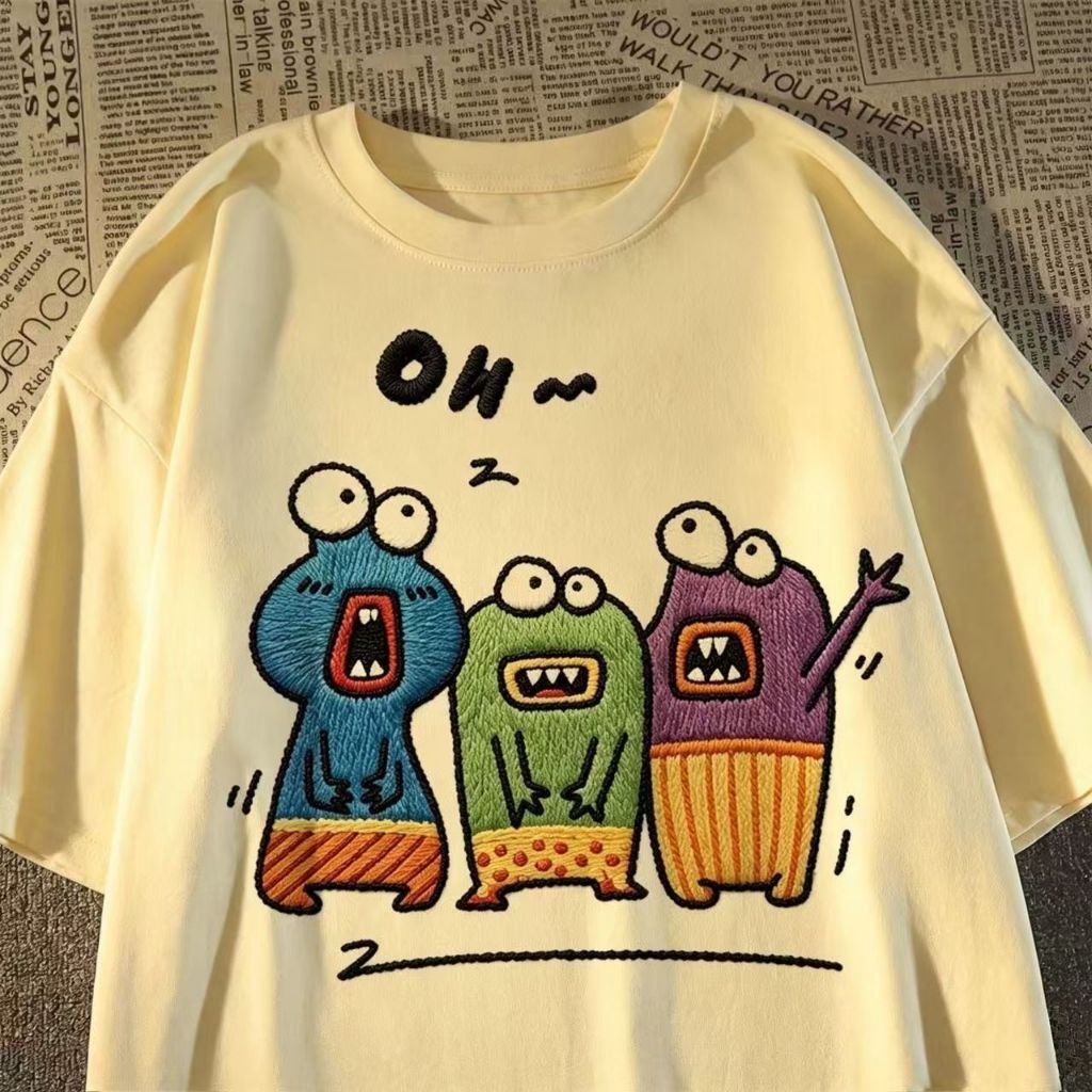 Camiseta 100% algodão oversize unissex, estampa arte de criaturas coloridas, tecido respirável para verão