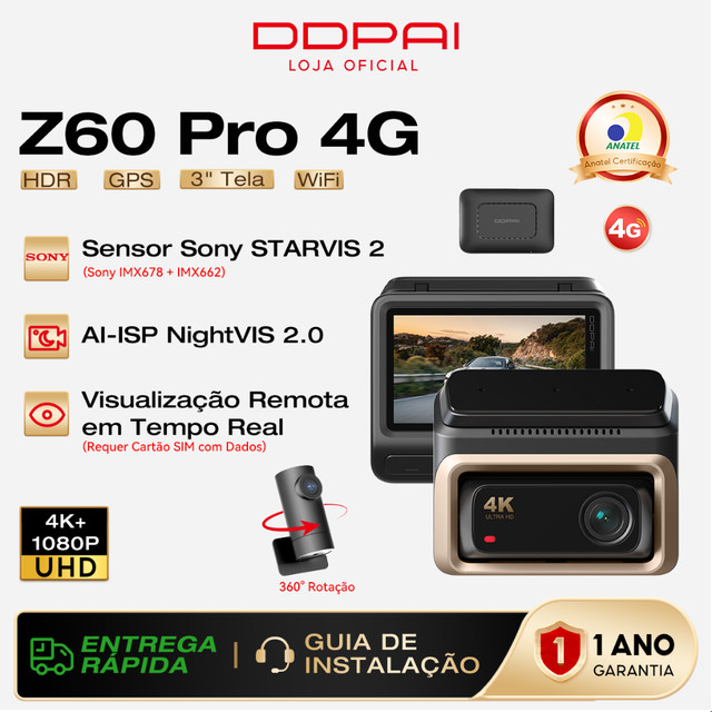 Câmera Veicular DDPAI Z60 Pro 4G Monitoramento Remoto 4K+ 1080P HDR Visão Noturna STARVIS 2 IMX678 WiFi 5G GPS 3" Tela