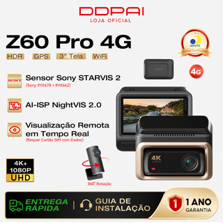 Câmera Veicular DDPAI Z60 Pro 4G Monitoramento Remoto 4K+ 1080P HDR Visão Noturna STARVIS 2 IMX678 WiFi 5G GPS 3" Tela