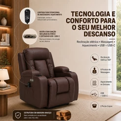 Poltrona de Leitura Cadeira do Papai Reclinável Elétrica Austin Massagem USB PU Marrom Chocolate G94