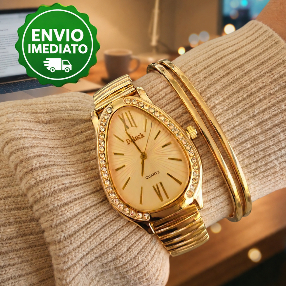 Relógio Feminino Cobra Oval Elegante Com Pedras Pulseira Elástica Estilo Cobra Prata Ouro Strass Dia Namorados
