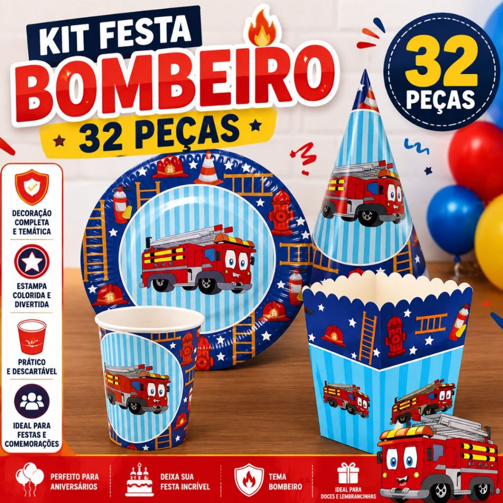 Kit Festa Infantil Bombeiro Sereia Dino 32 Peças Pratos Copos Chapéus Caixinhas Decoração Aniversário