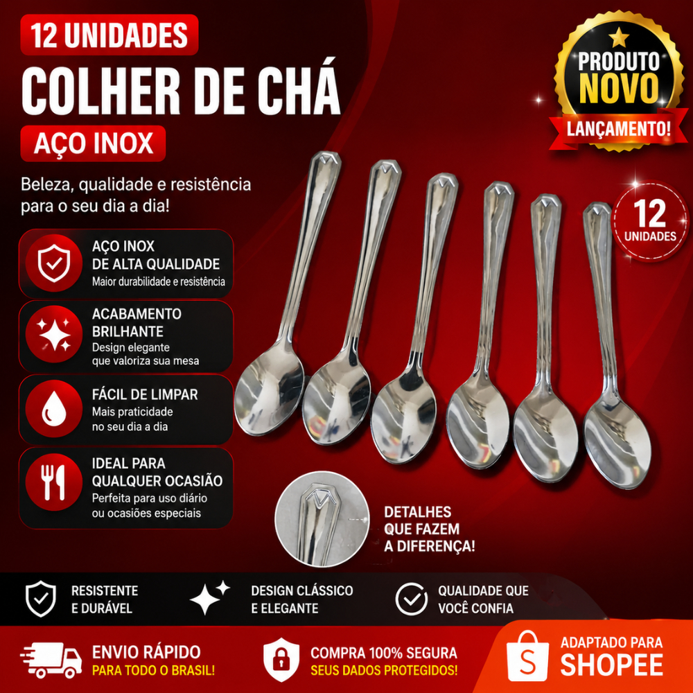 Conjunto 12 e 6 Colheres de Chá em Aço Inox – Talheres de Excelente Qualidade