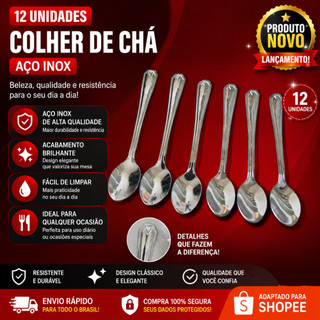 Conjunto 12 e 6 Colheres de Chá em Aço Inox – Talheres de Excelente Qualidade