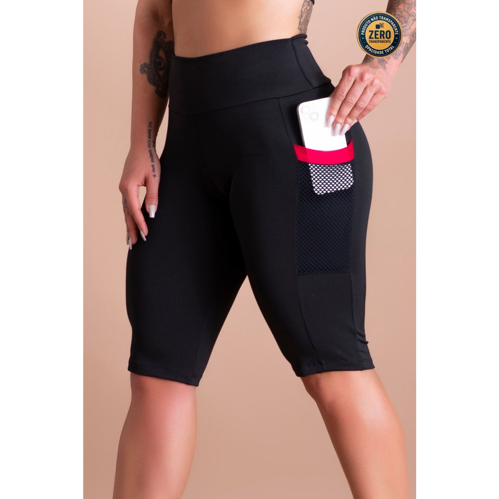 Bermuda Feminina Ciclista Cintura Alta Fitness Com Bolso Tela Lateral ZERO TRANSPARÊNCIA