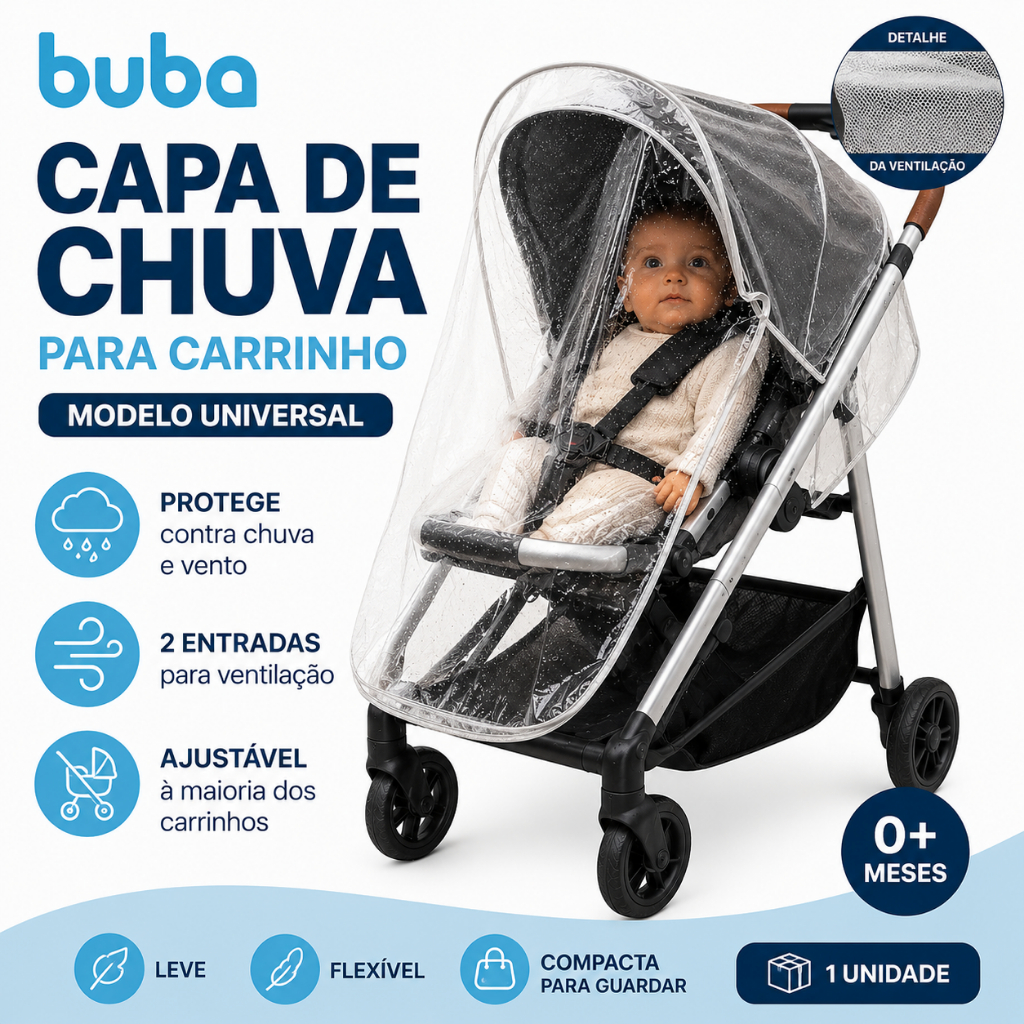 Capa de Chuva Carrinho de Bebê Buba Universal Transparente Proteção Chuva e Vento