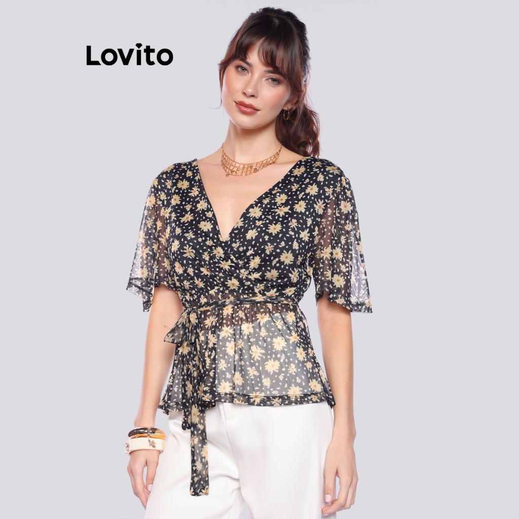 Lovito Blusa Feminina Tule Estampa Floral Transpassada BRBLB1339BRL1369