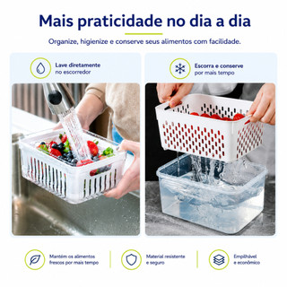 Organizador de Geladeira 1,75L Com Tampa e Cesto Escorredor Multiuso Alimentos Verduras Legumes Vegetais