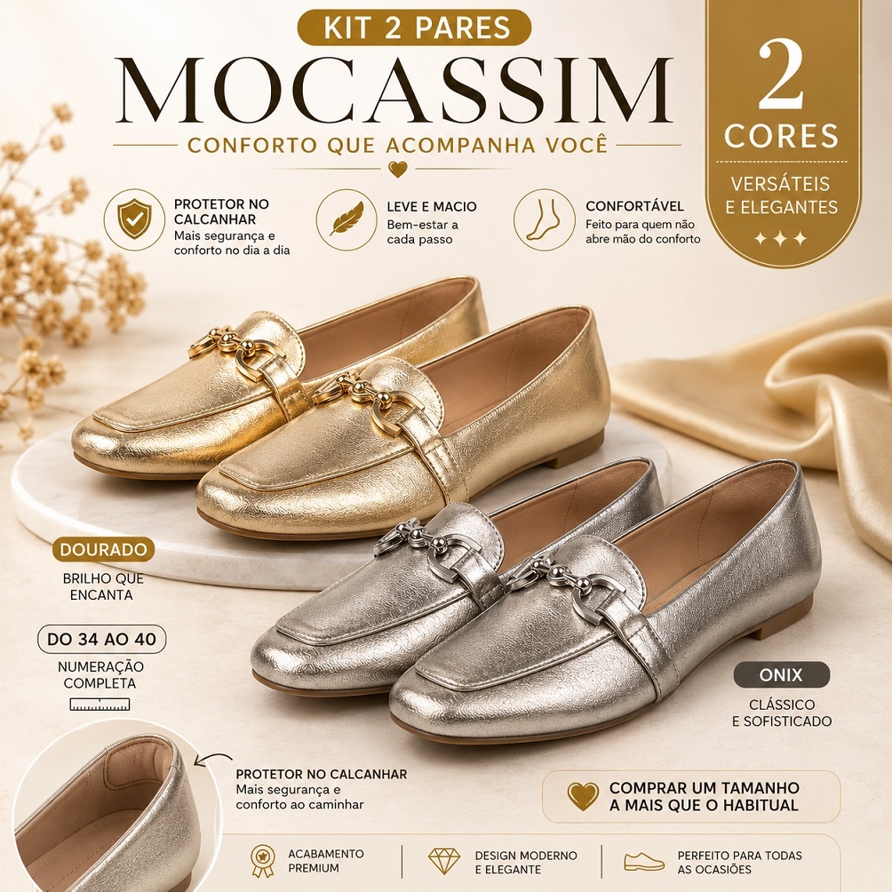 Kit 2 Sapatilhas Mocassim Feminino Dourado e Ônix Bico Quadrado Confortável Elegante Com Enfeite Kit Exclusivo Sapatilha