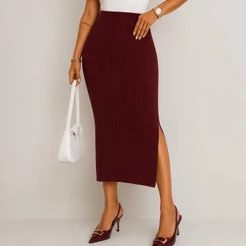 Saia midi tricot canelada com fenda do lateral