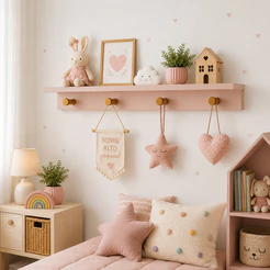Prateleira Cabideiro de Parede 4 Ganchos MDF para Quarto Infantil Decoração e Organização