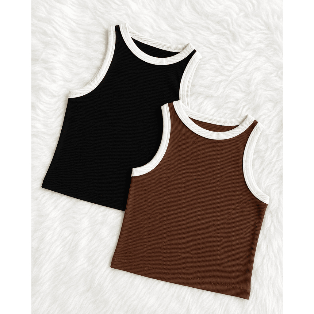 Kit 1-2 Regata Cropped Feminino Blusinha Básica Ribana Canelada Algodão Lisa Bicolor Listrada Confortável Diário Verão