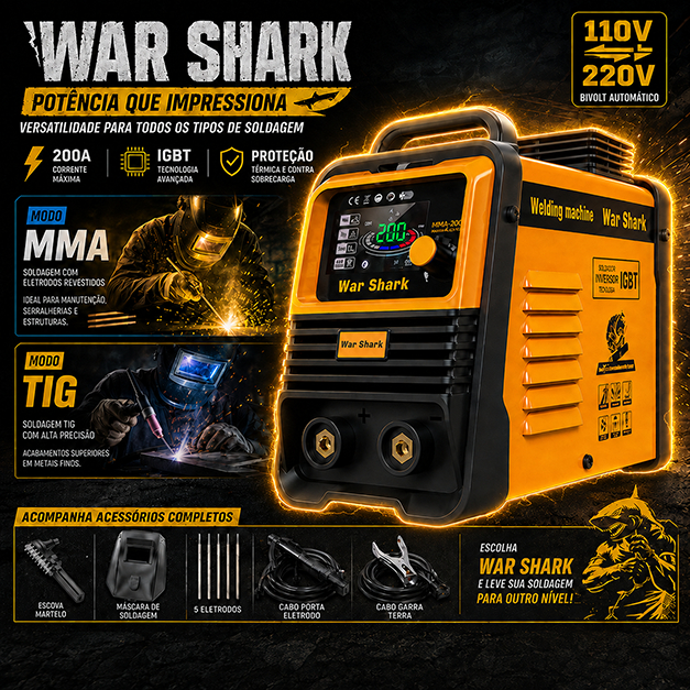 Máquina de Solda Profissional  IGBT Portátil MMA+TIG 200A 110V-220V  WAR SHARK