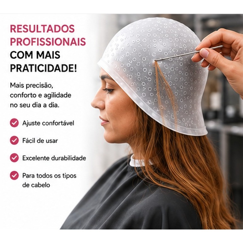 Touca para Mechas em Silicone Reutilizável Luzes Reflexos Cabelos Profissional com Furos e Agulha