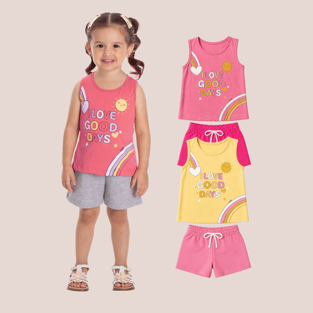 Conjunto Infantil Feminino Regata Algodão Bermuda Moletinho Tamanhos 1 2 3