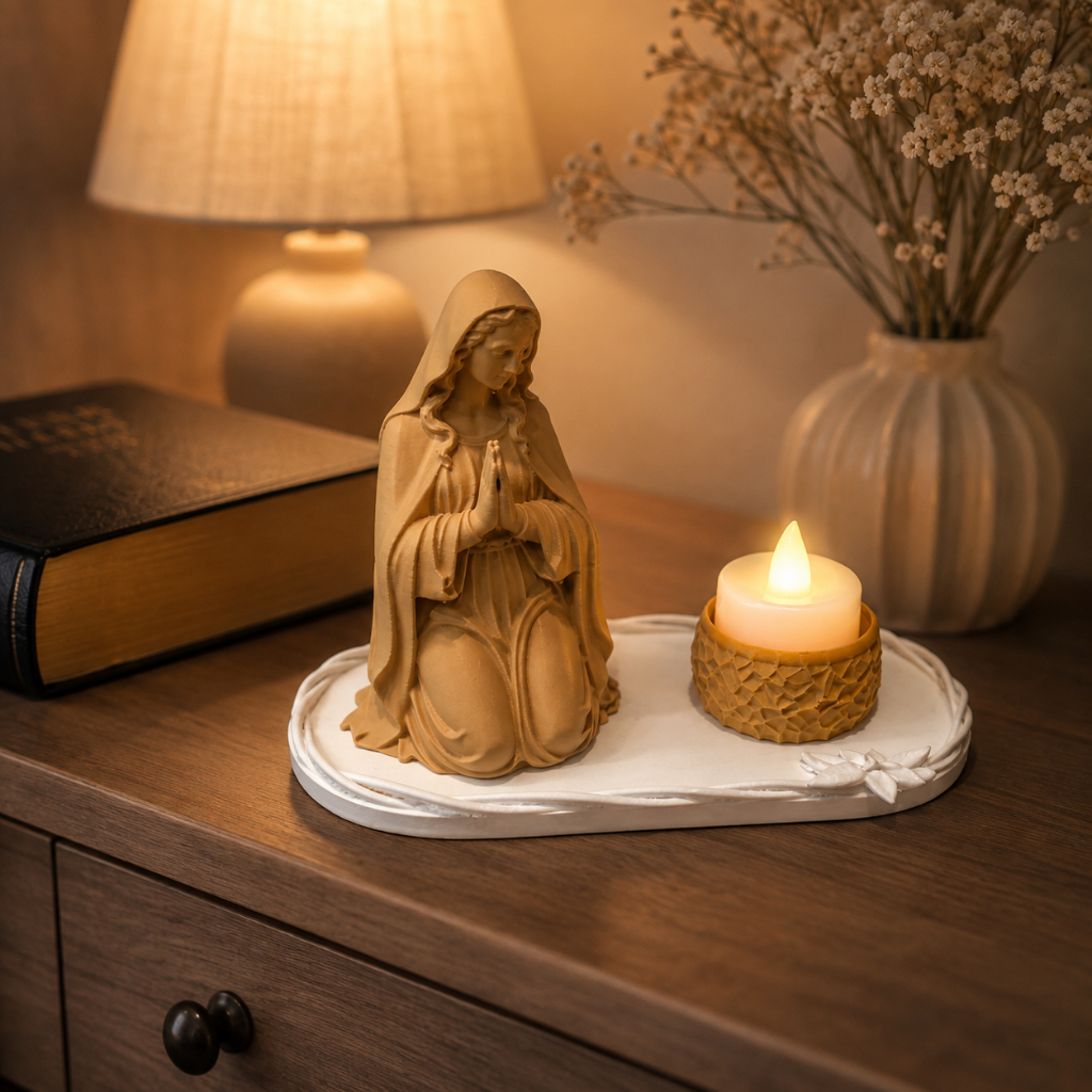 Nossa Senhora com Porta Vela LED  Kit Religioso Decorativo Cantinho de Oração Presente Católico