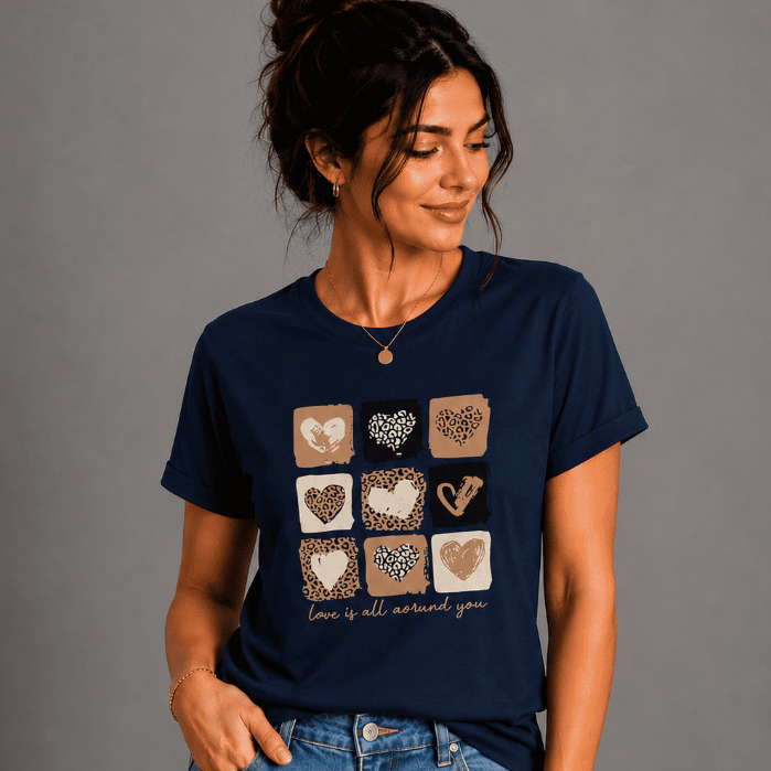 Camiseta Feminina Corações Estampada 100% Algodão Casual Premium Fashion Tendência Confortável