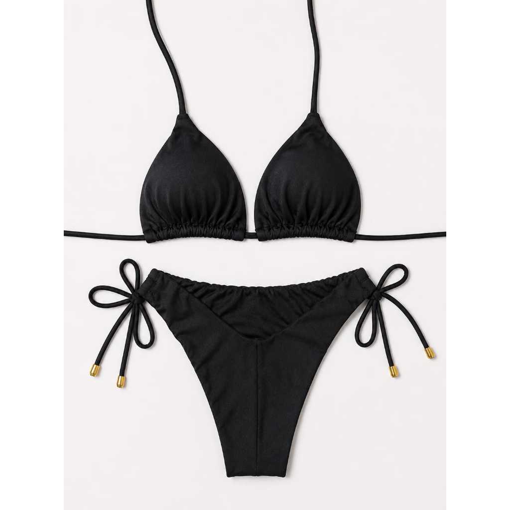 Biquíni Feminino Cortininha Fio Duplo Amarração Lateral Regulável Moda Praia Verão — imagem 2 de 2