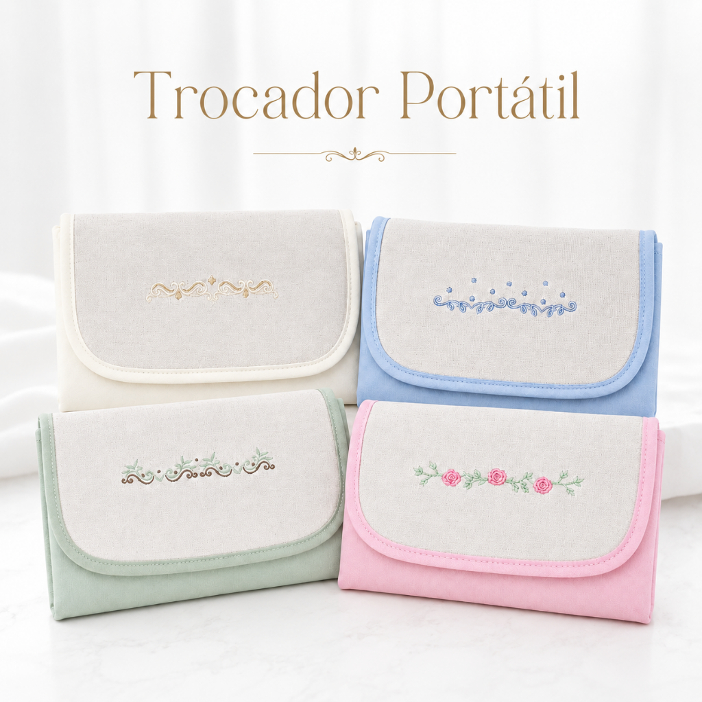 Trocador Portátil Bebê Impermeável Dobrável com Bordado 100% Algodão