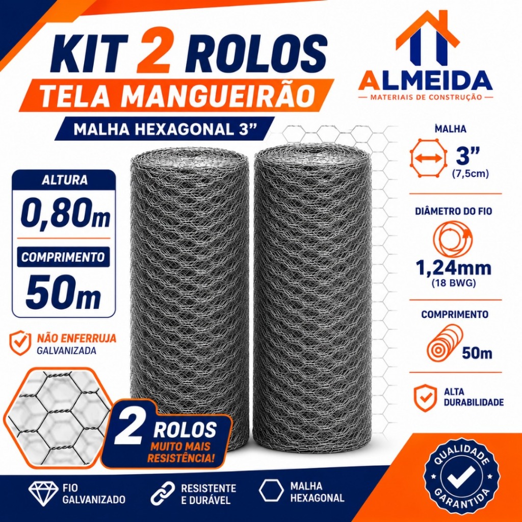 Kit 2 Telas Mangueirão 0,80x50m Fio 18 Galvanizada Cerca Rural Forte para Cachorro Galinhas Porco Ovelha Cabra e Horta