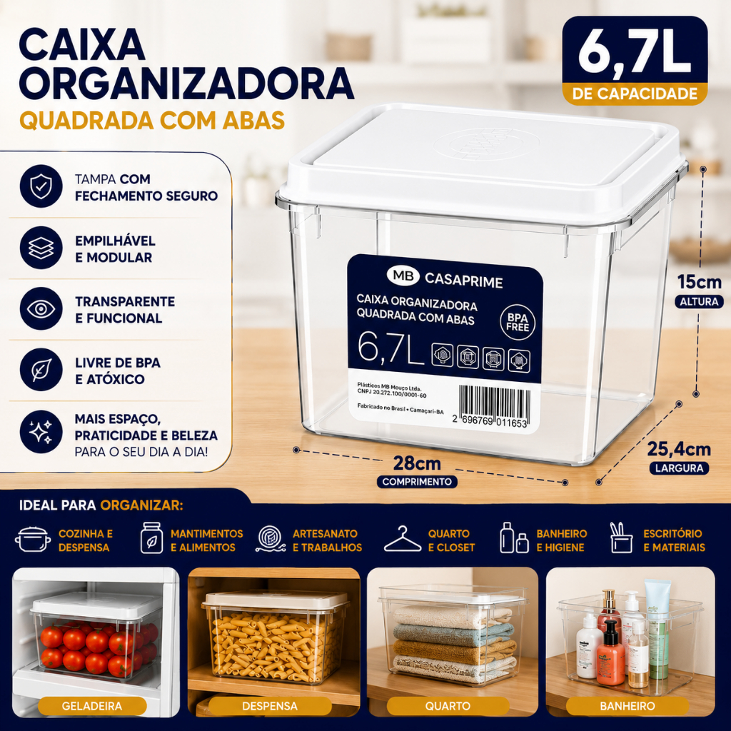 Caixa Organizadora 6,7L Quadrada Transparente Tampa Pote Organizador Empilhável Cozinha Despensa Mantimentos Banheiro