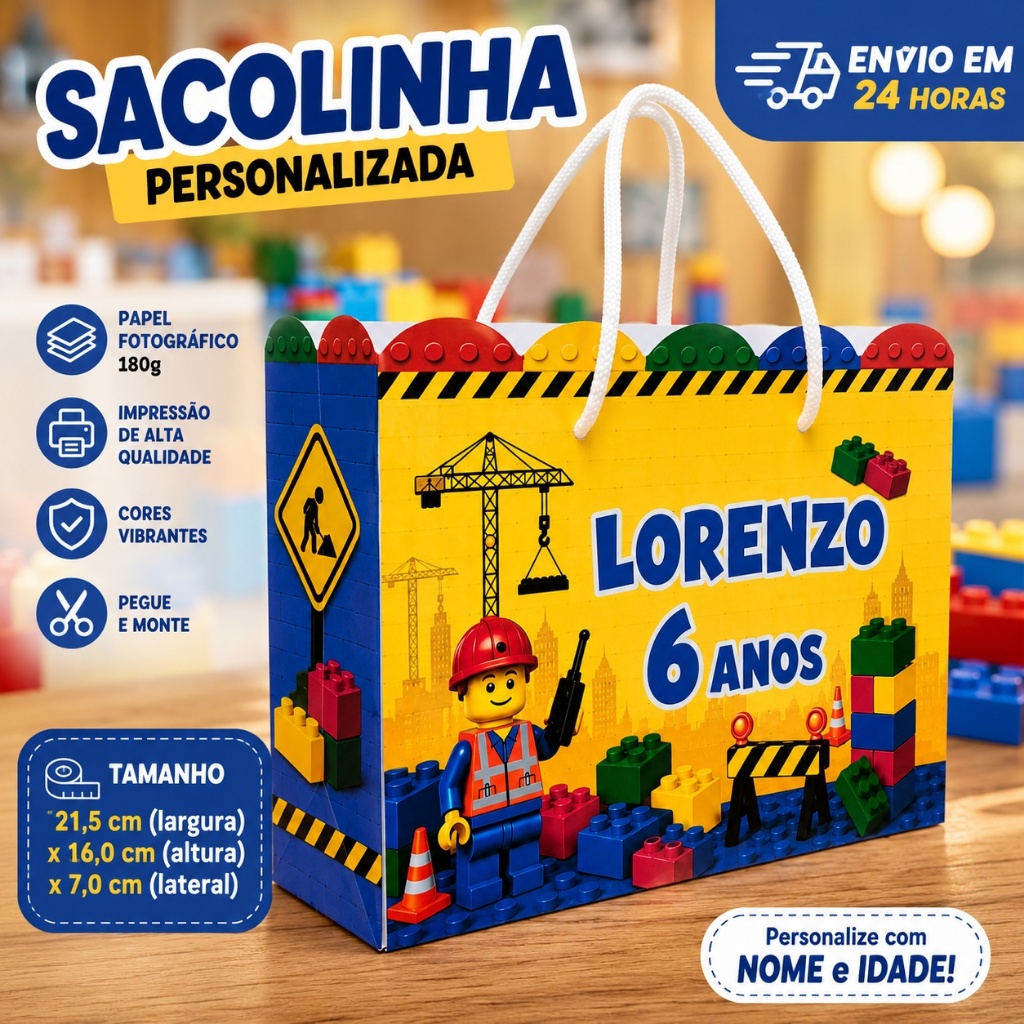 Kit Sacolinha Personalizada Grande - LEGO CONSTRUTOR - Lembrancinha Festa Infantil Aniversário