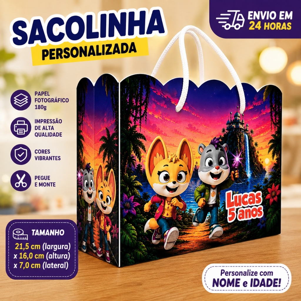 Kit Sacolinha Personalizada Grande - MISTÉRIOS ANIMAIS - Lembrancinha Festa Infantil Aniversário