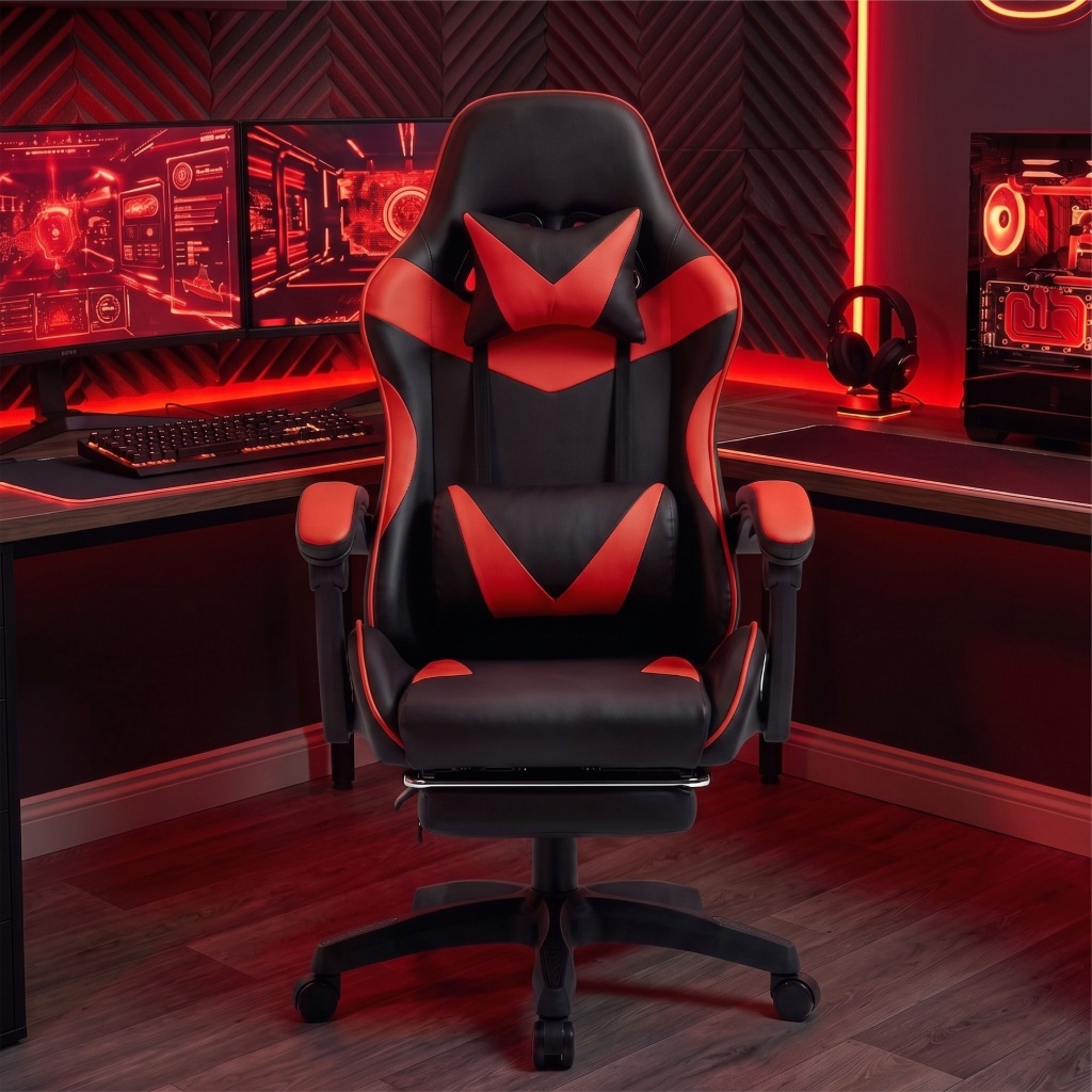 Cadeira Gamer Cor Vermelha Ergonômica Estofada Couro Sintético Giratória Com Apoio Para Os Pés