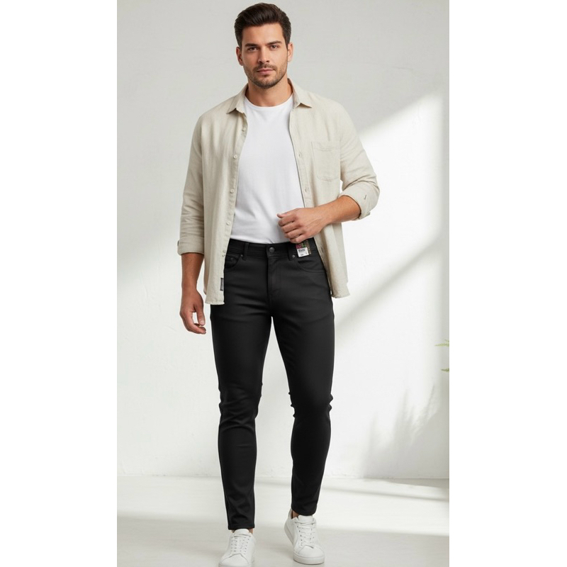 No.20 Calça Jeans Masculina Preta com Elastano Stretch Slim Confortável Cintura Média Casual