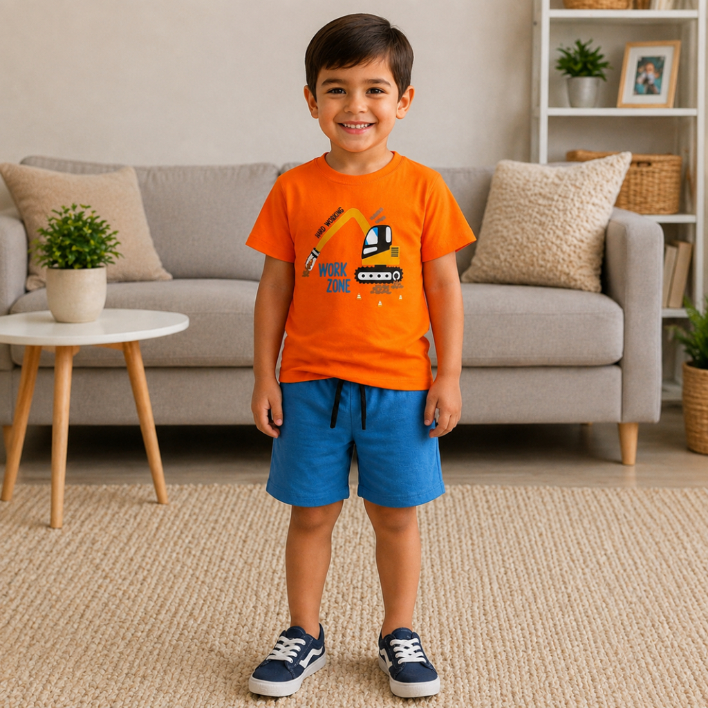 Conjunto Infantil Menino | Camiseta em Malha Algodão Com Estampa Frontal Escavadeira e Bermuda Moletinho C/Cadarço Fake